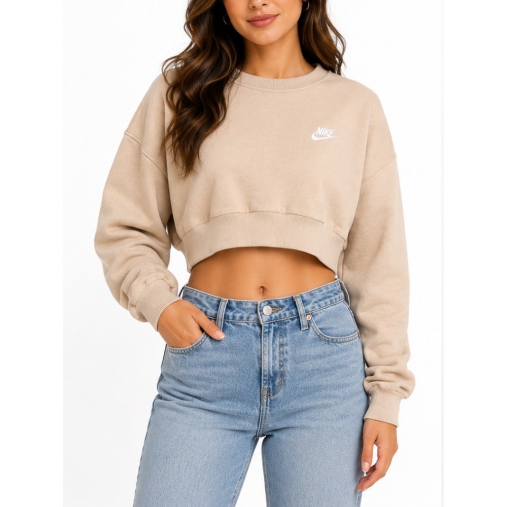 Nike Sportswear Essential Women Fleece Cropped Crewneck Sweatshirt Tan XL